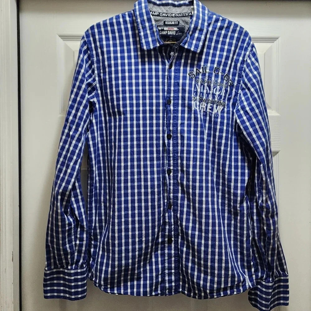 Camp David Nautical Button Down Shirt Men's Small Plaid Blue White Long Sleeve - Picture 2 of 7